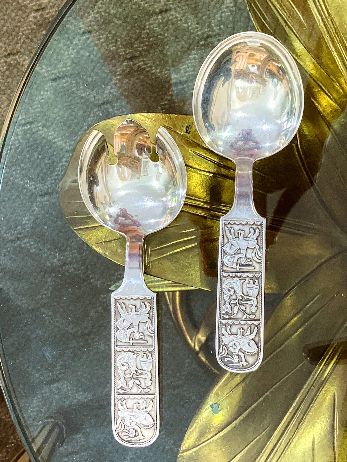 Vintage David-Andersen Norwegian Fairytale Folk Sterling Silver Salad Set