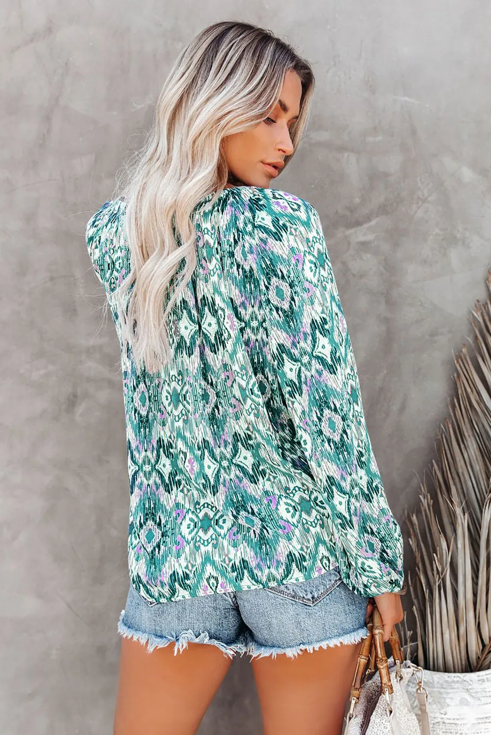 Vintage Print Split Neck Blouse