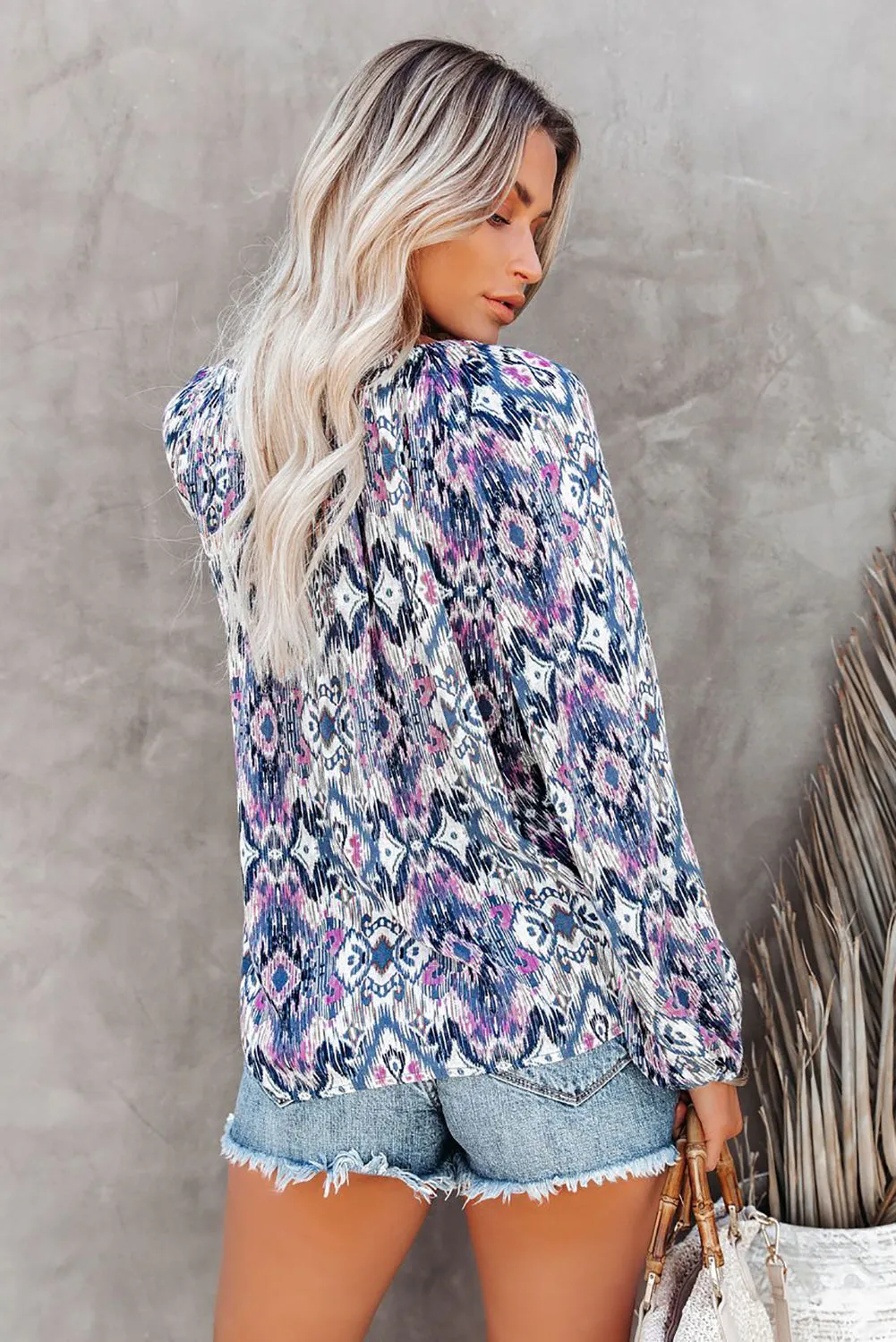 Vintage Print Split Neck Blouse