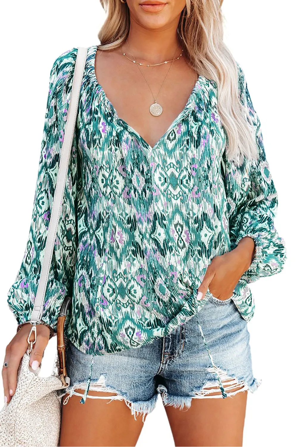 Vintage Print Split Neck Blouse