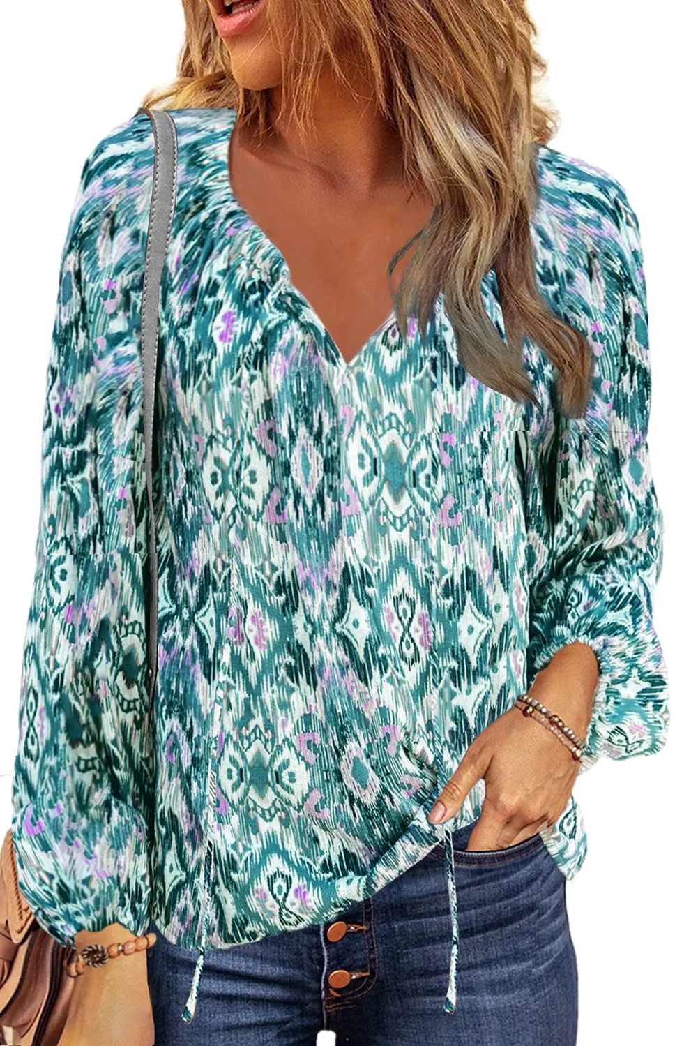 Vintage Print Split Neck Blouse