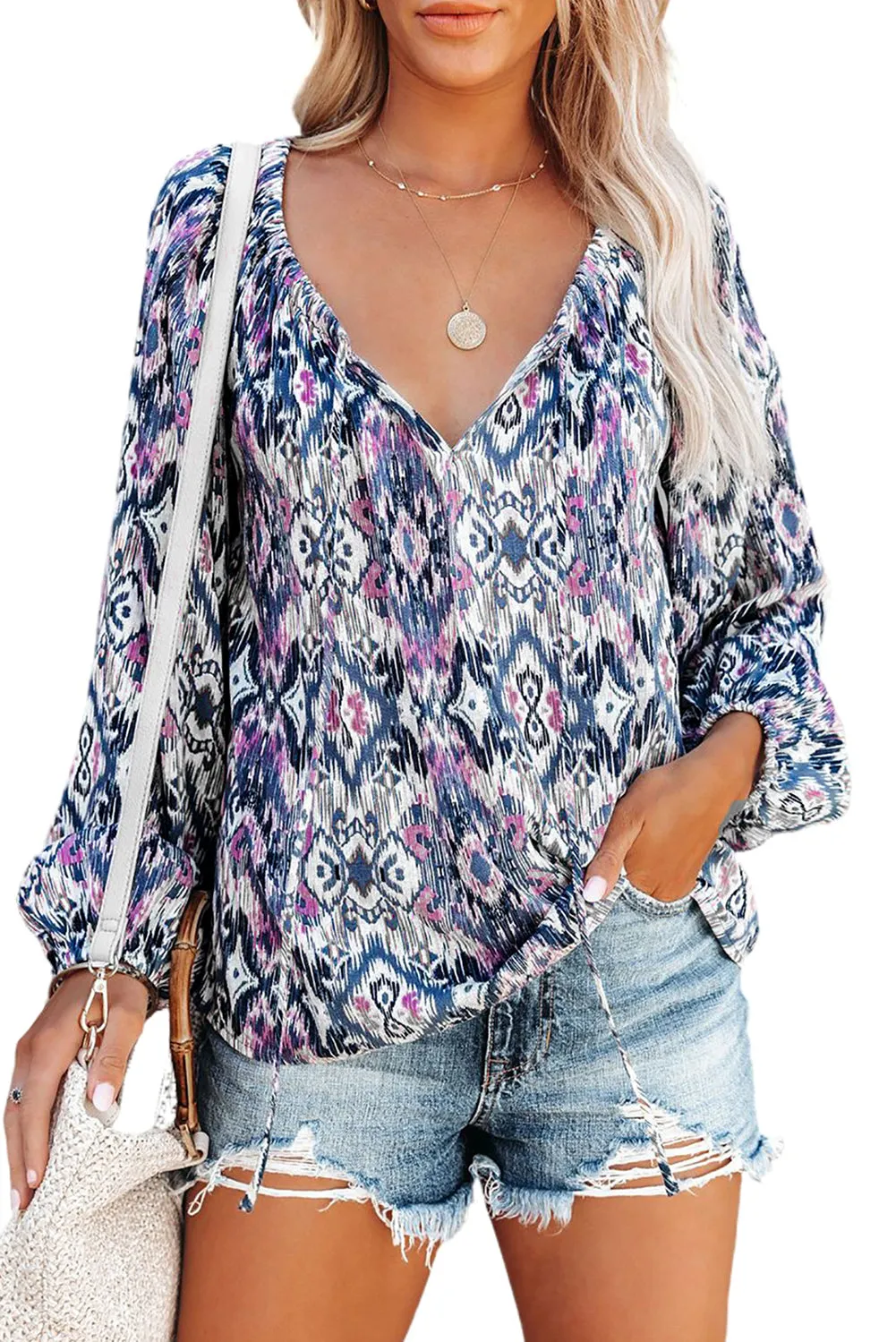 Vintage Print Split Neck Blouse