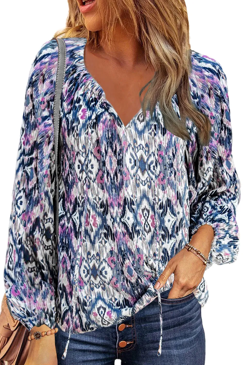 Vintage Print Split Neck Blouse