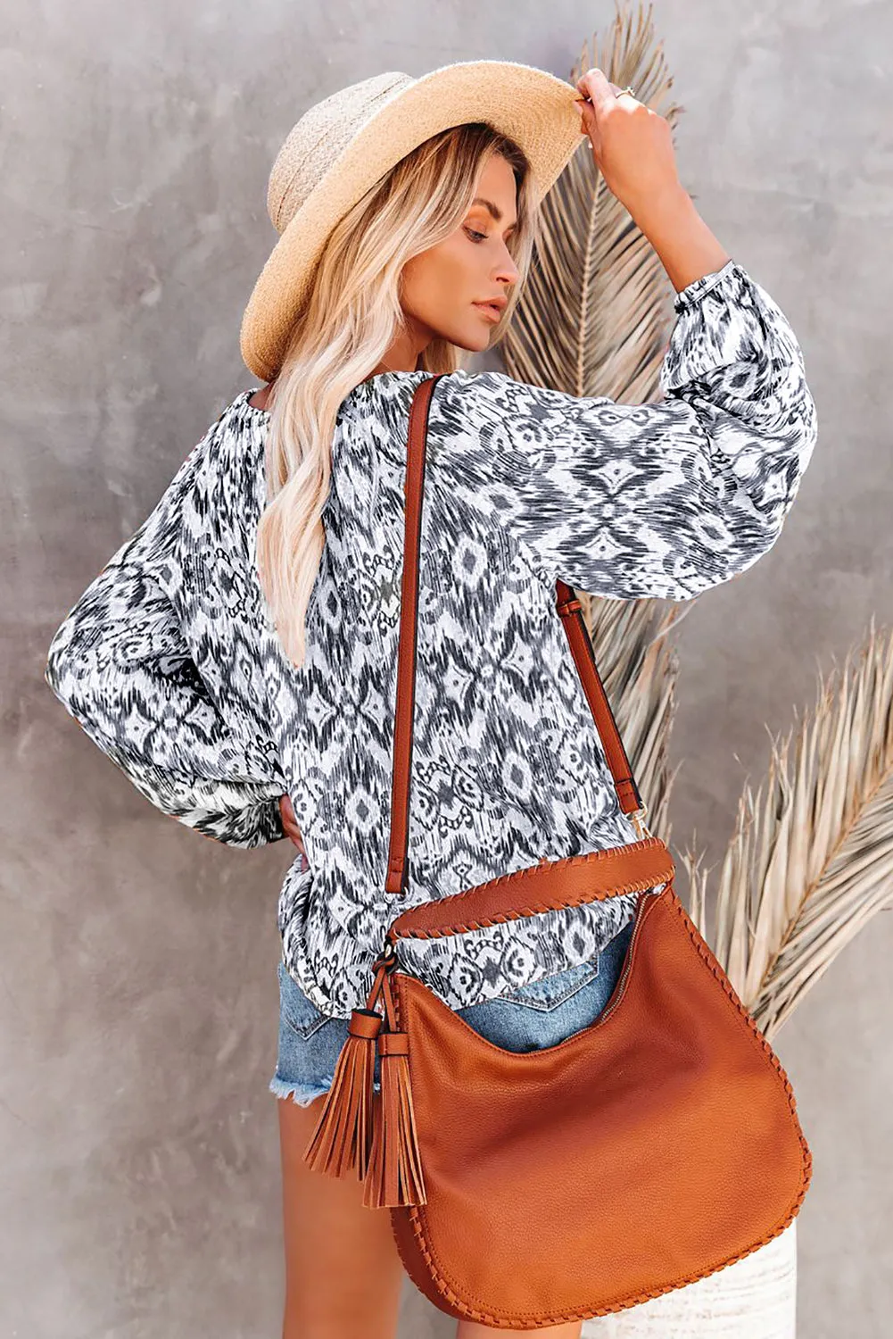 Vintage Print Split Neck Blouse