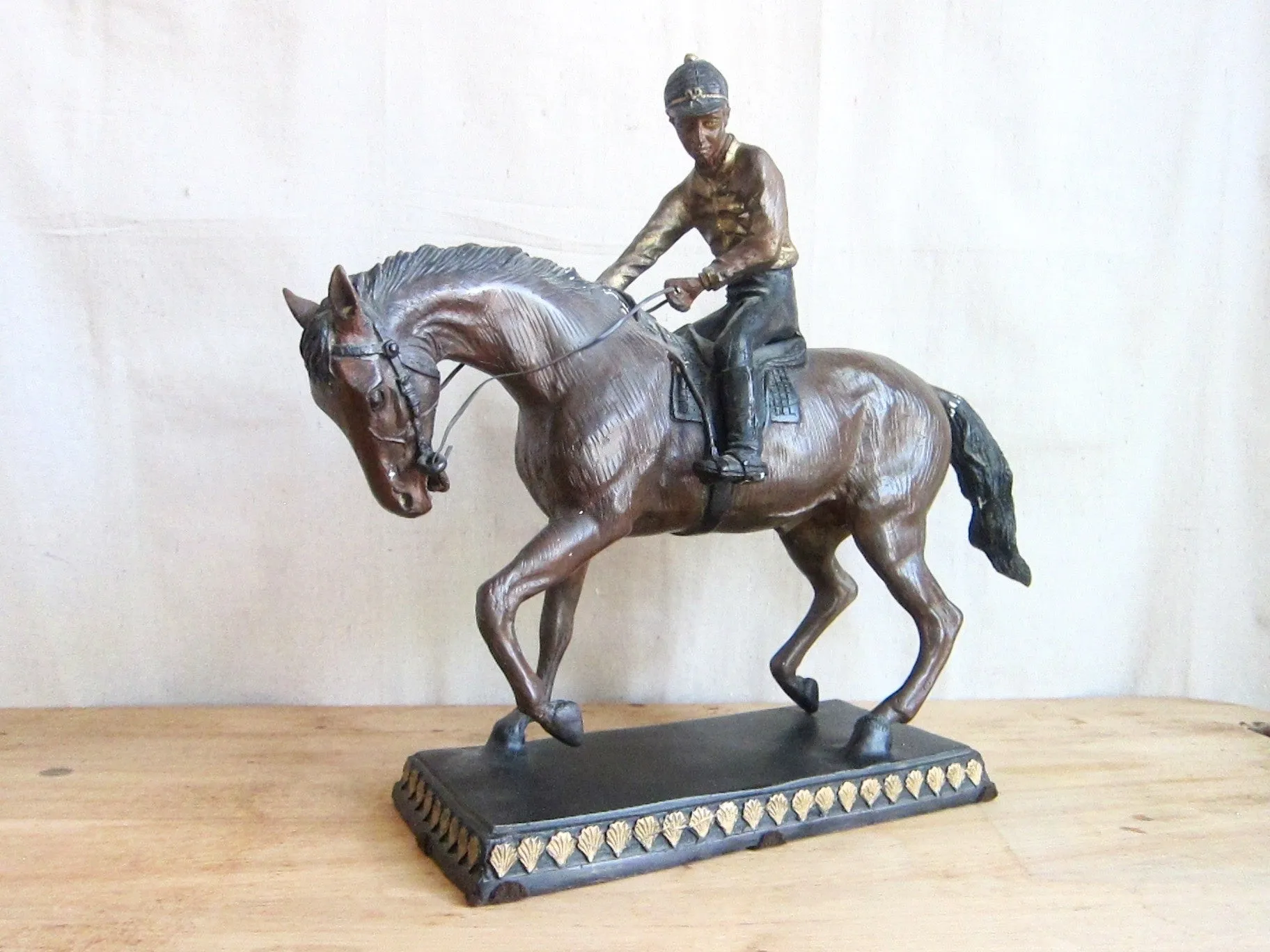 Vintage Spelter Metal Horse Figurine with Jockey