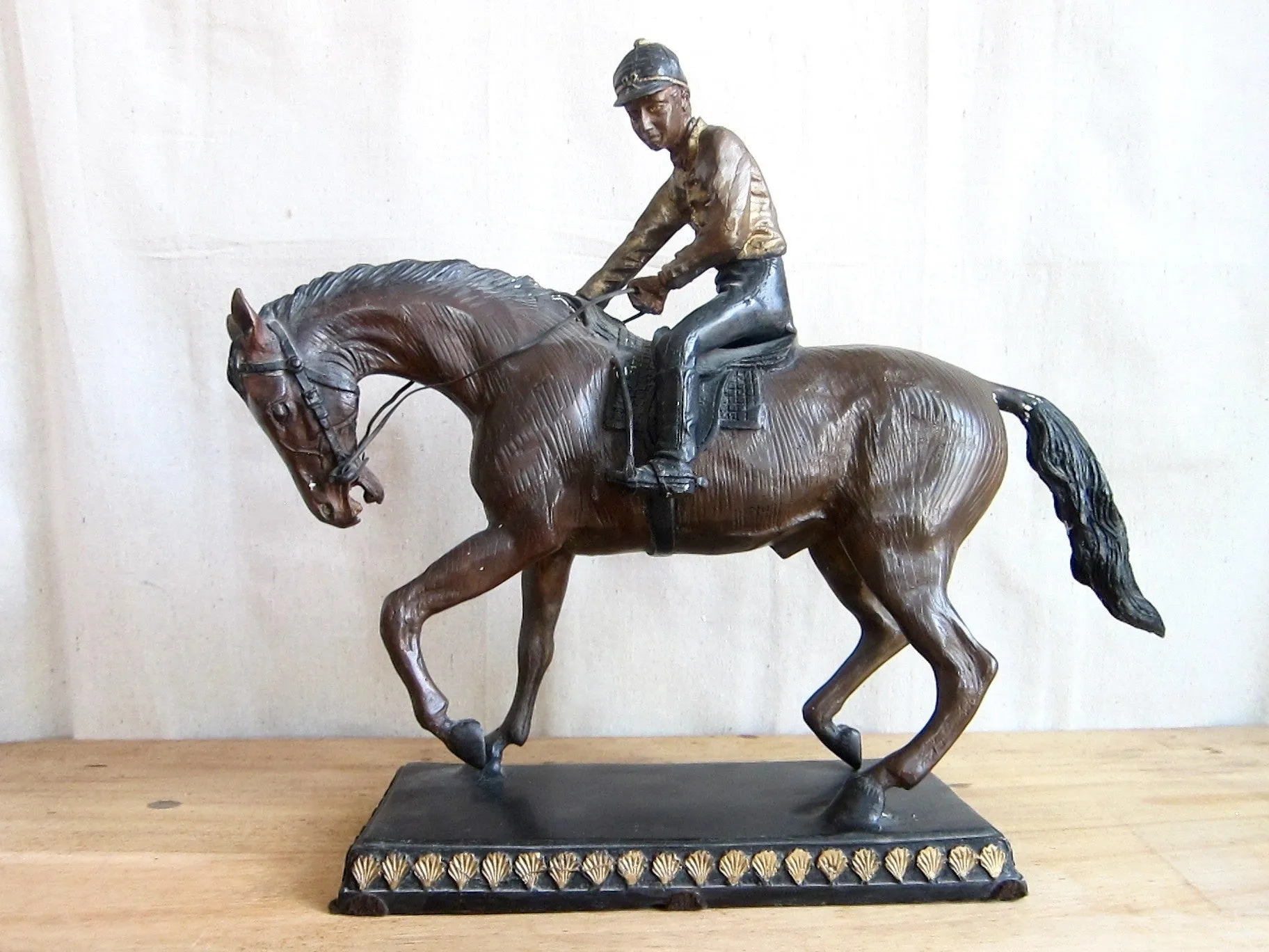 Vintage Spelter Metal Horse Figurine with Jockey