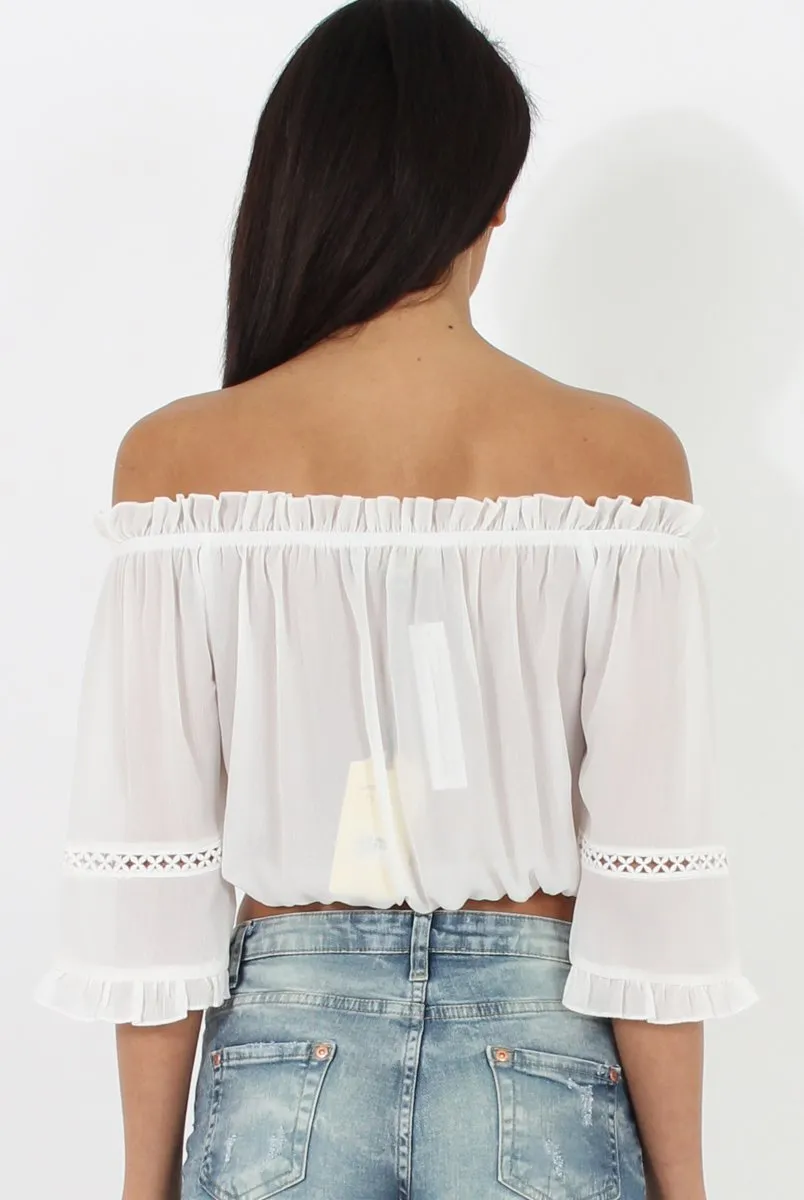 White Bardot Crochet Detail Crop- Bernie