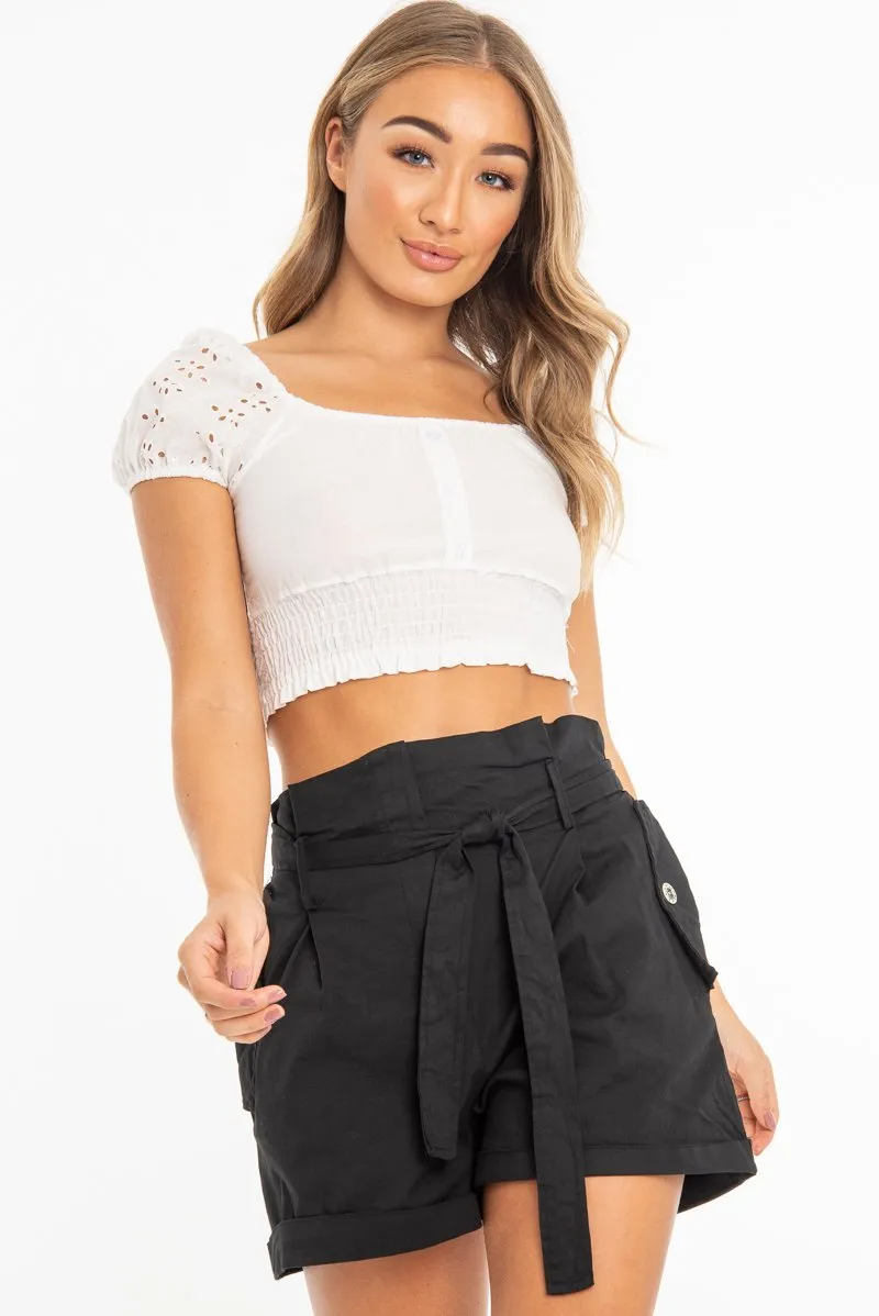 White Broderie Button Front Puff Sleeve Crop Top - Rosaria