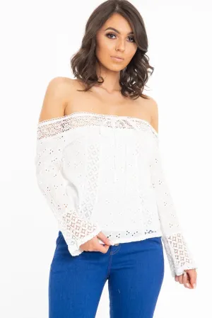 White Crochet Lace Tie Front Bardot Top - Greta