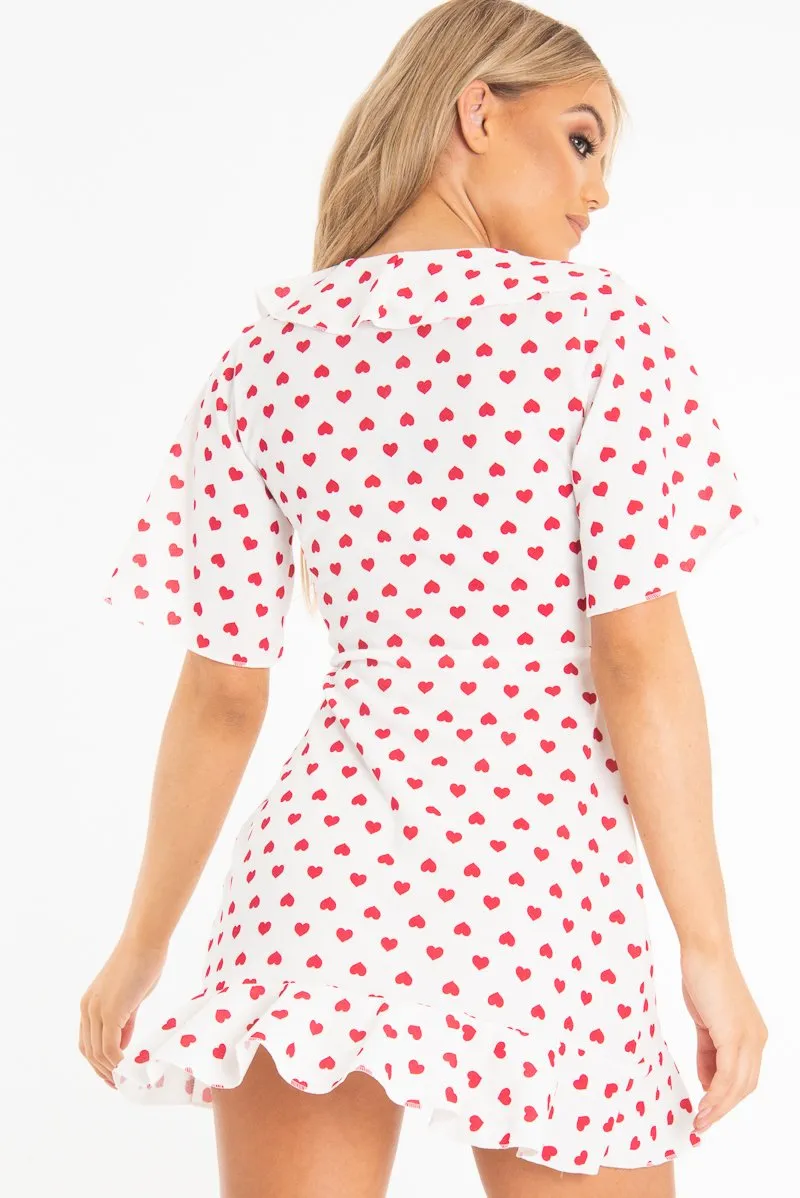 White Heart Print Plunge Ruffle Detail Mini Dress - Nicolle