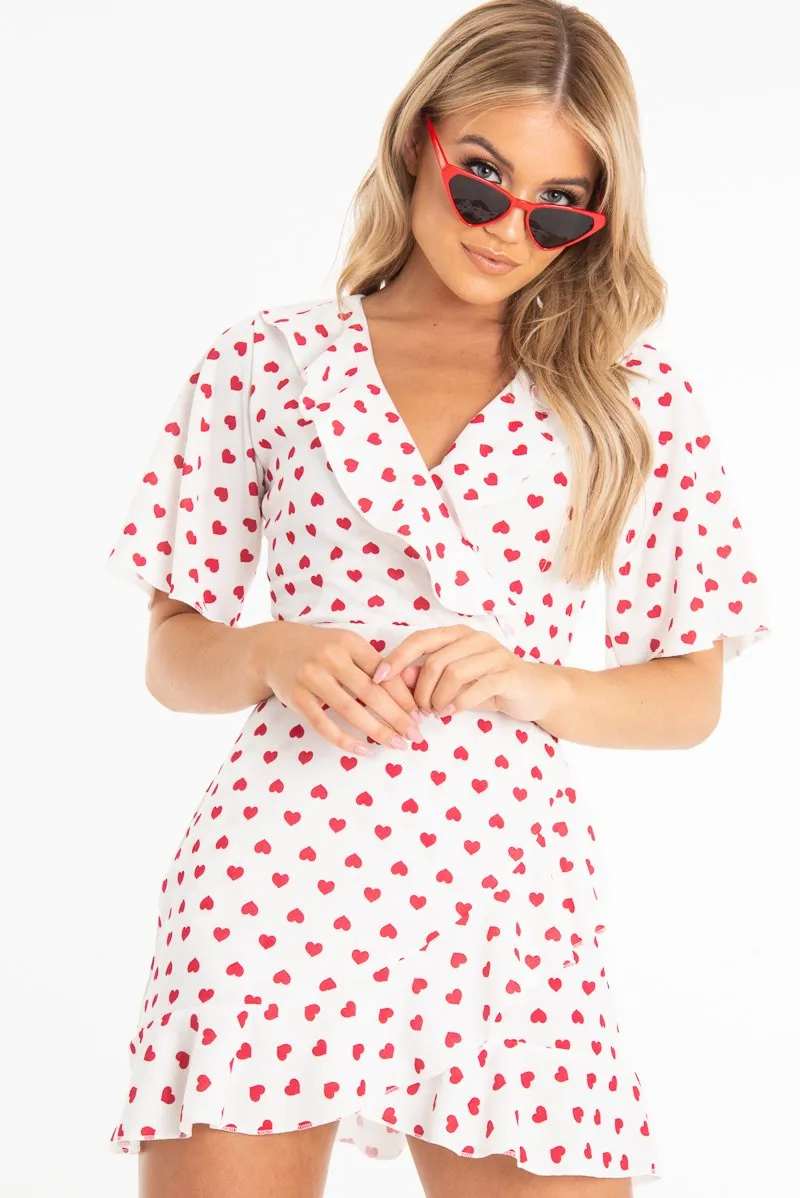 White Heart Print Plunge Ruffle Detail Mini Dress - Nicolle