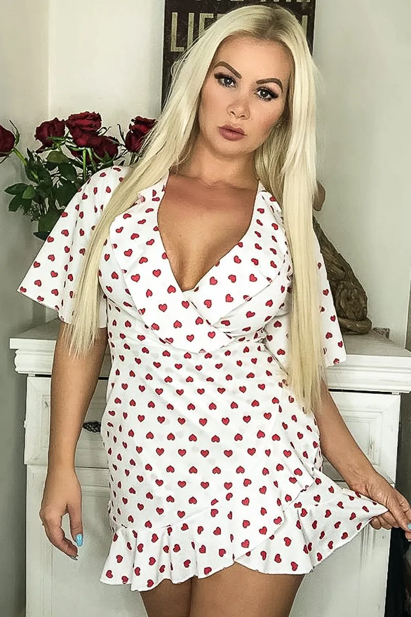 White Heart Print Plunge Ruffle Detail Mini Dress - Nicolle
