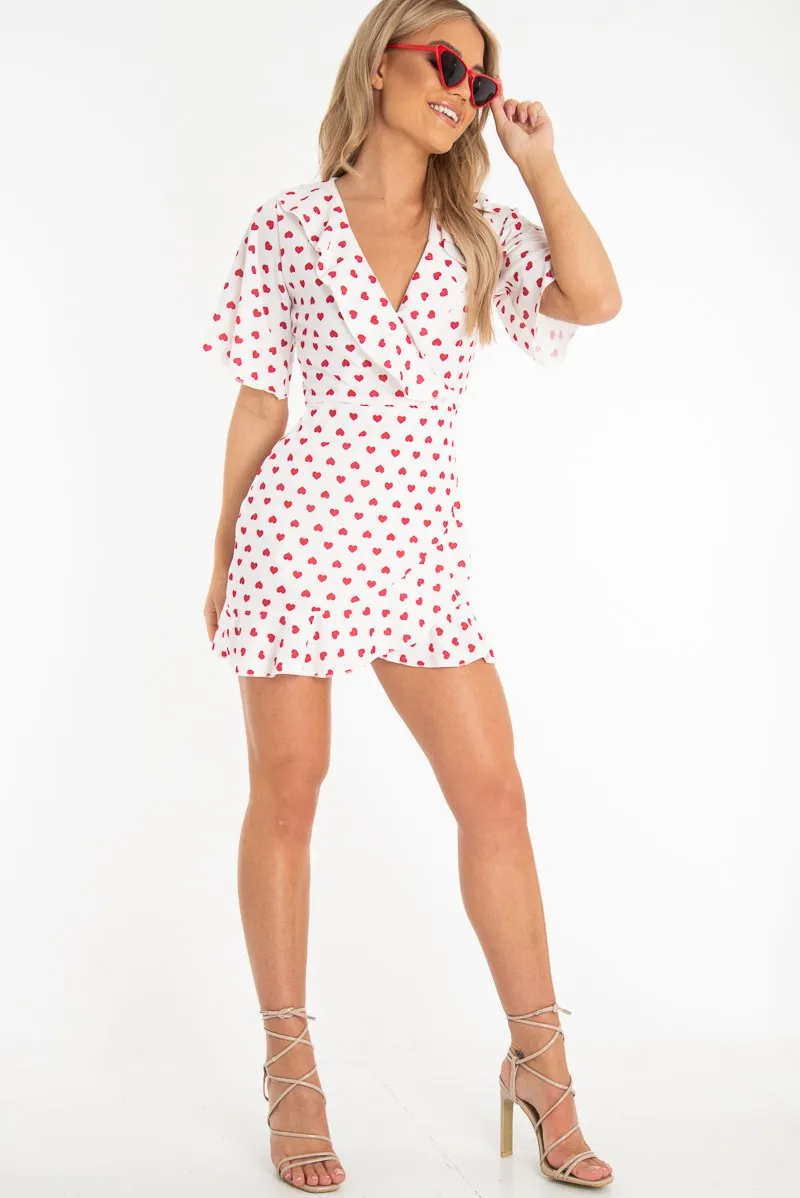 White Heart Print Plunge Ruffle Detail Mini Dress - Nicolle