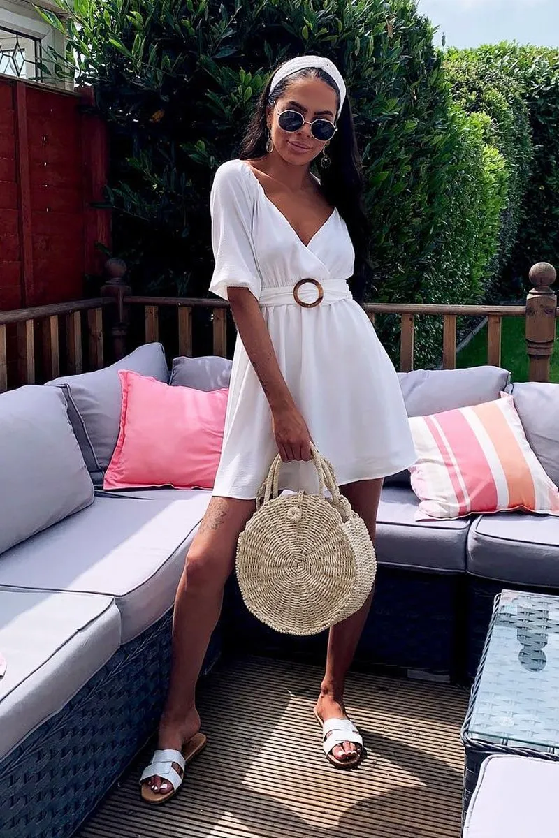 White Plunge Crepe Belted Dress - Baily