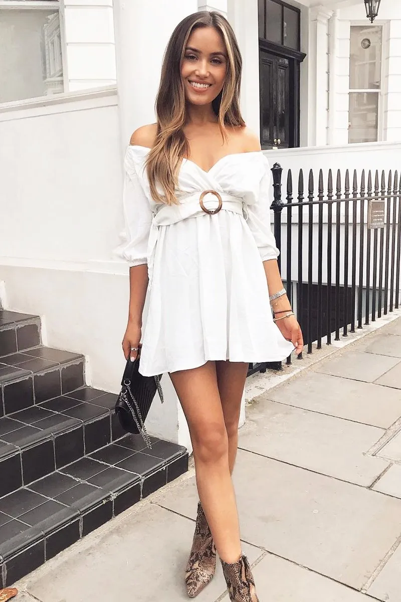 White Plunge Crepe Belted Dress - Baily