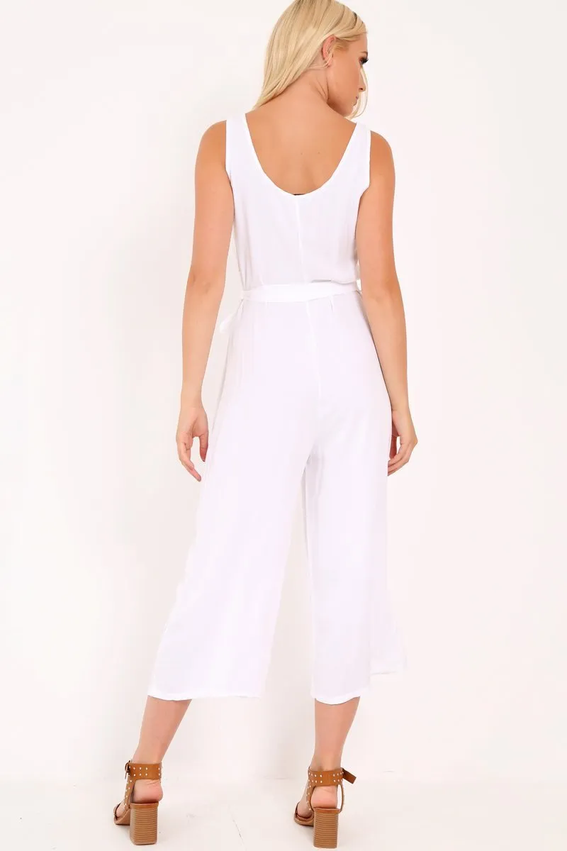 White Sleeveless Button Down Culotte Jumpsuit - Kalanni