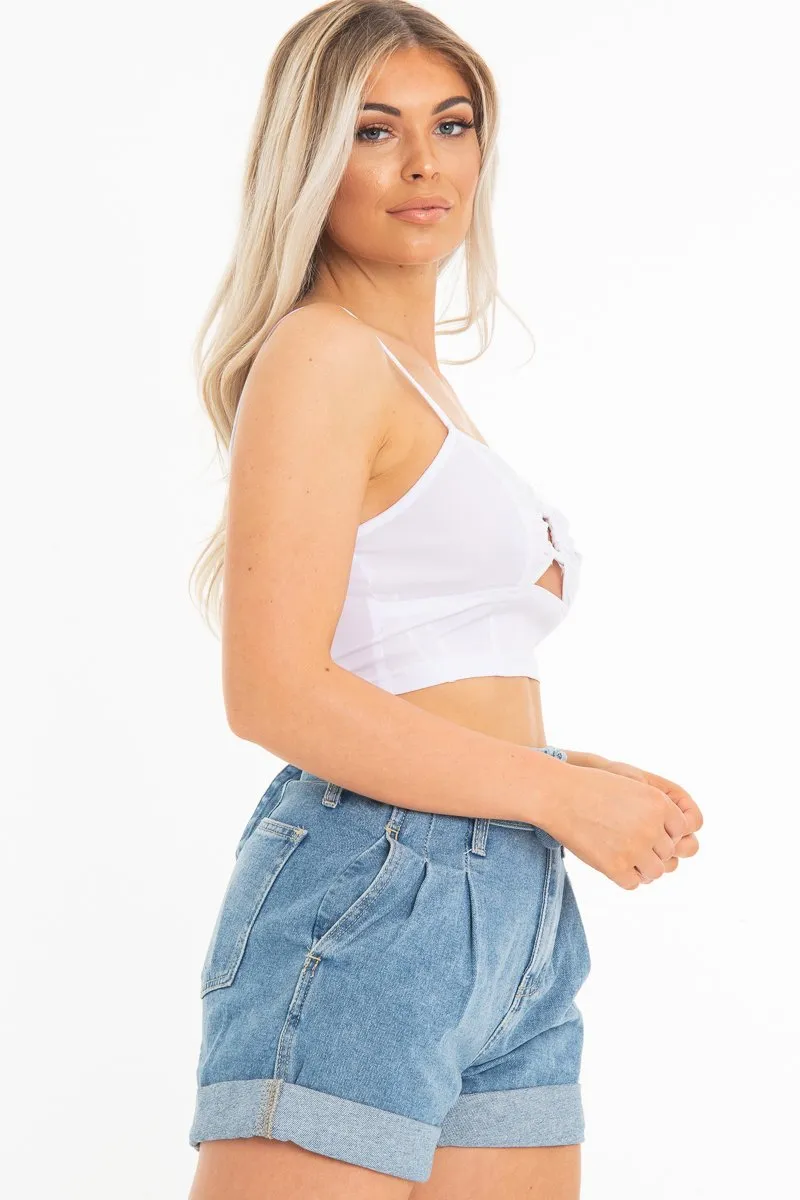 White Woven Plunge Ring Detail Crop Top - Lettie