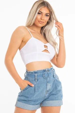 White Woven Plunge Ring Detail Crop Top - Lettie