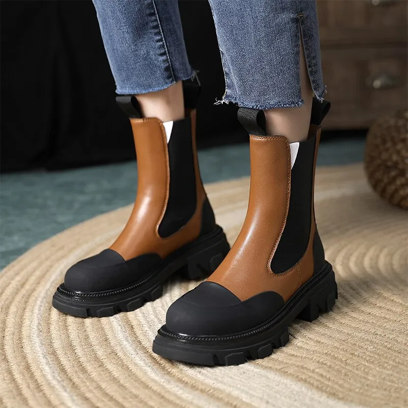 Women Genuine Leather Slip on Platform Booties