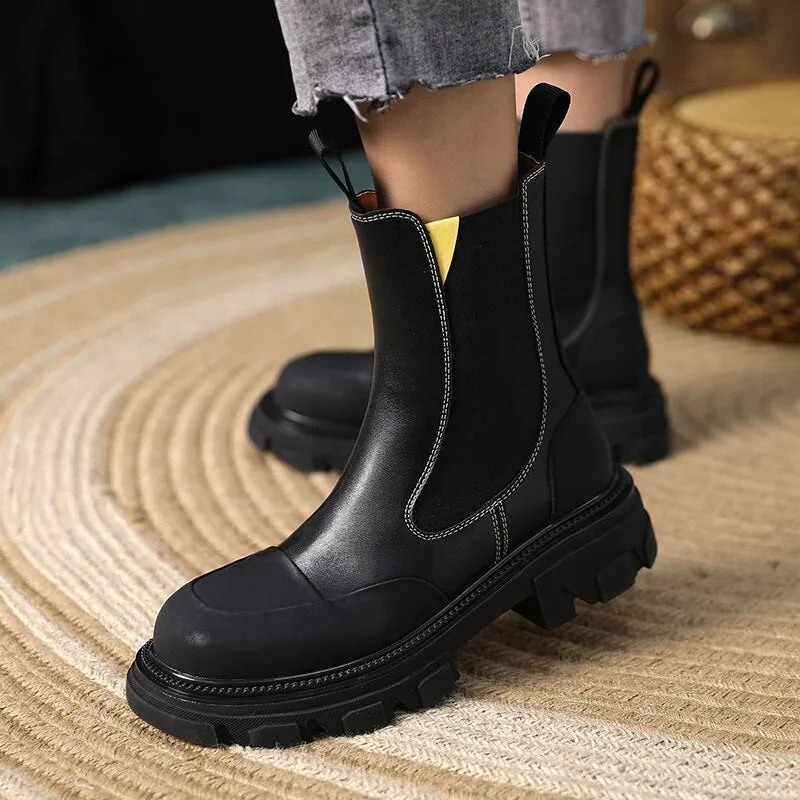 Women Genuine Leather Slip on Platform Booties