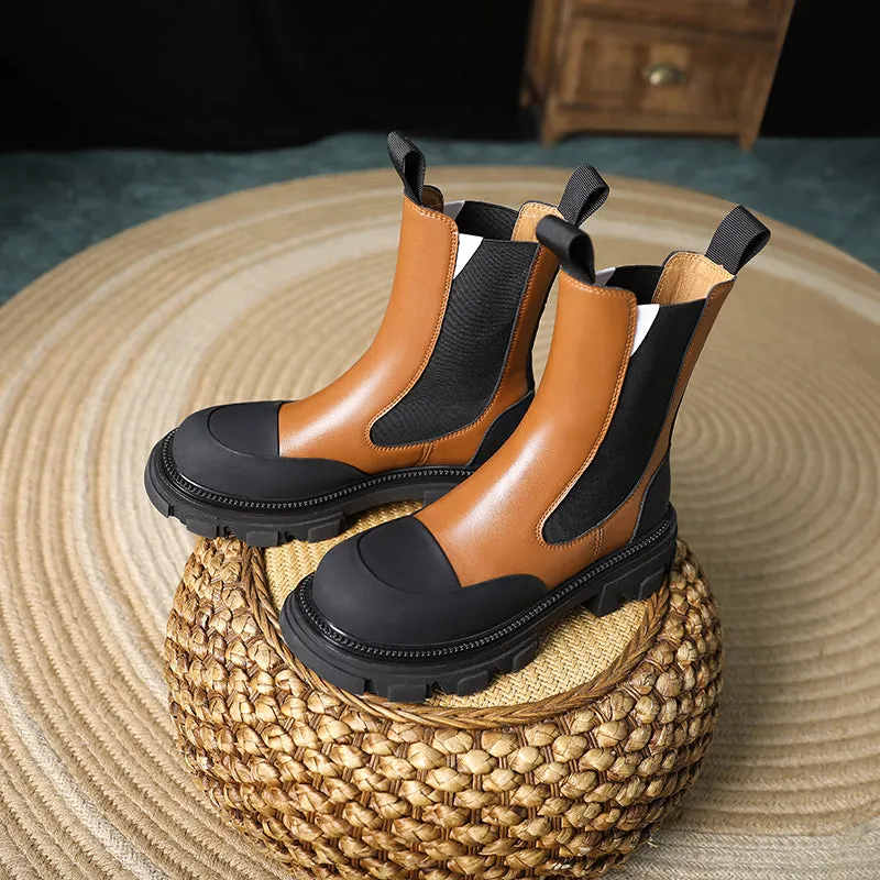 Women Genuine Leather Slip on Platform Booties