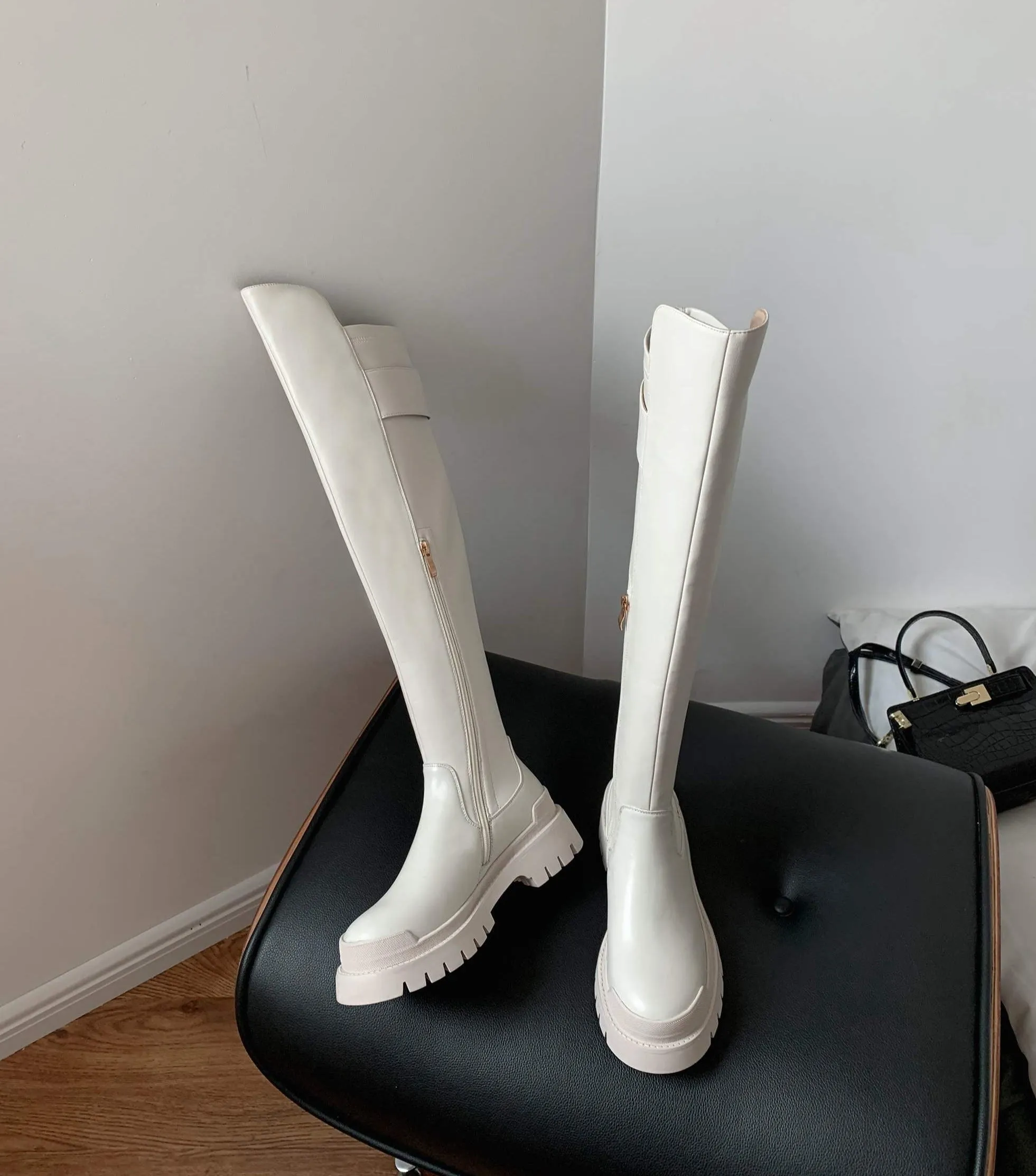 Women high quality cow leather platform thigh high boots
