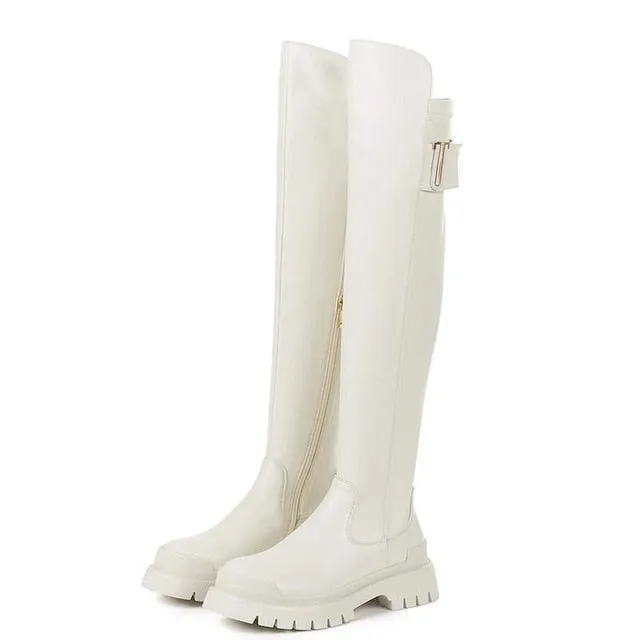 Women high quality cow leather platform thigh high boots