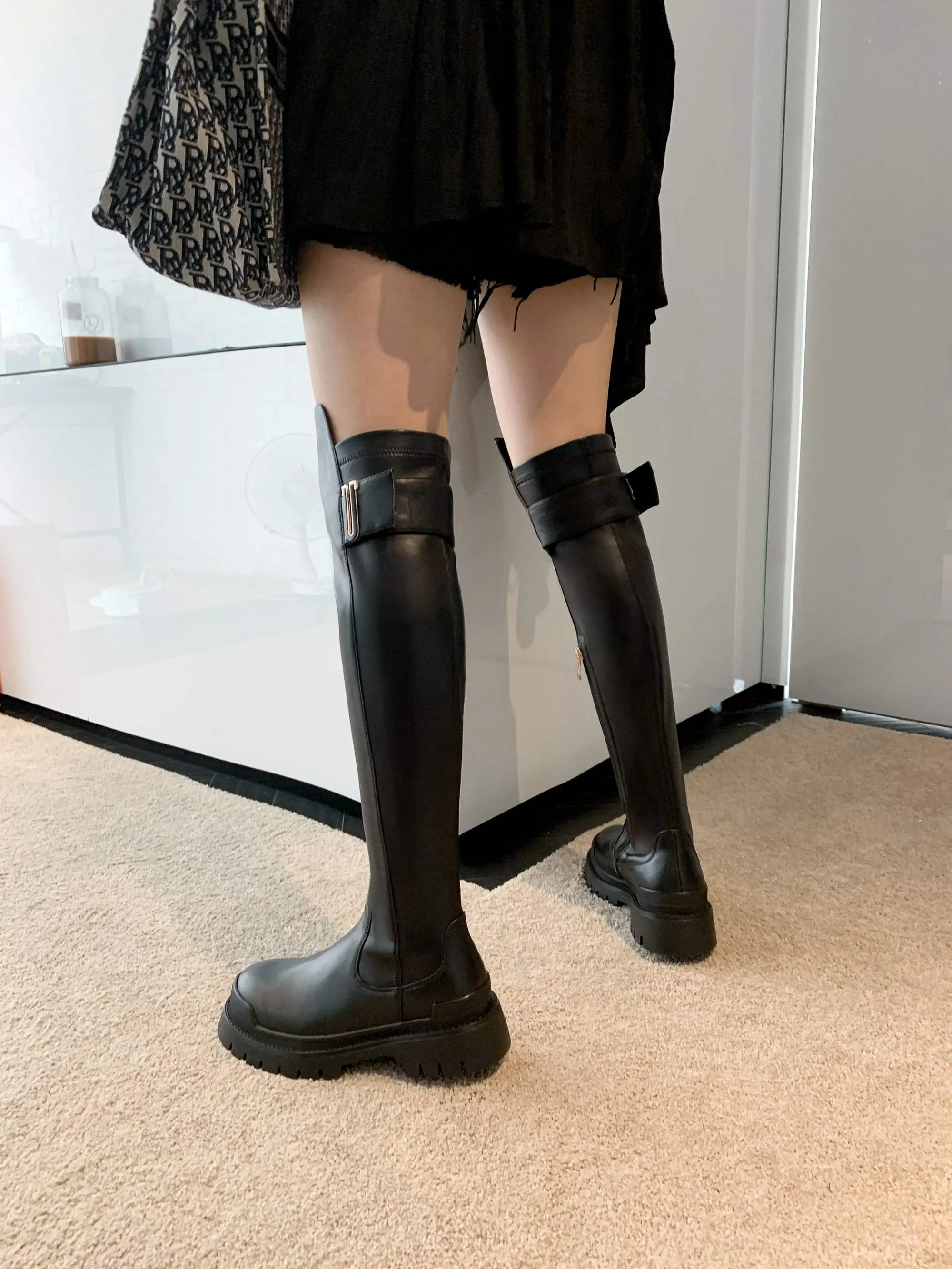 Women high quality cow leather platform thigh high boots