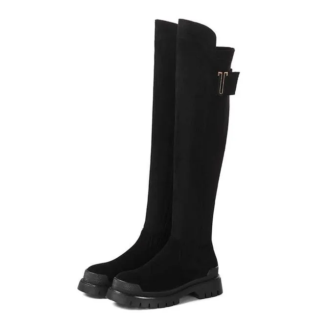 Women high quality cow leather platform thigh high boots