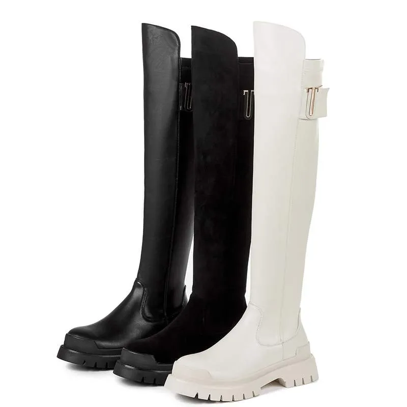 Women high quality cow leather platform thigh high boots
