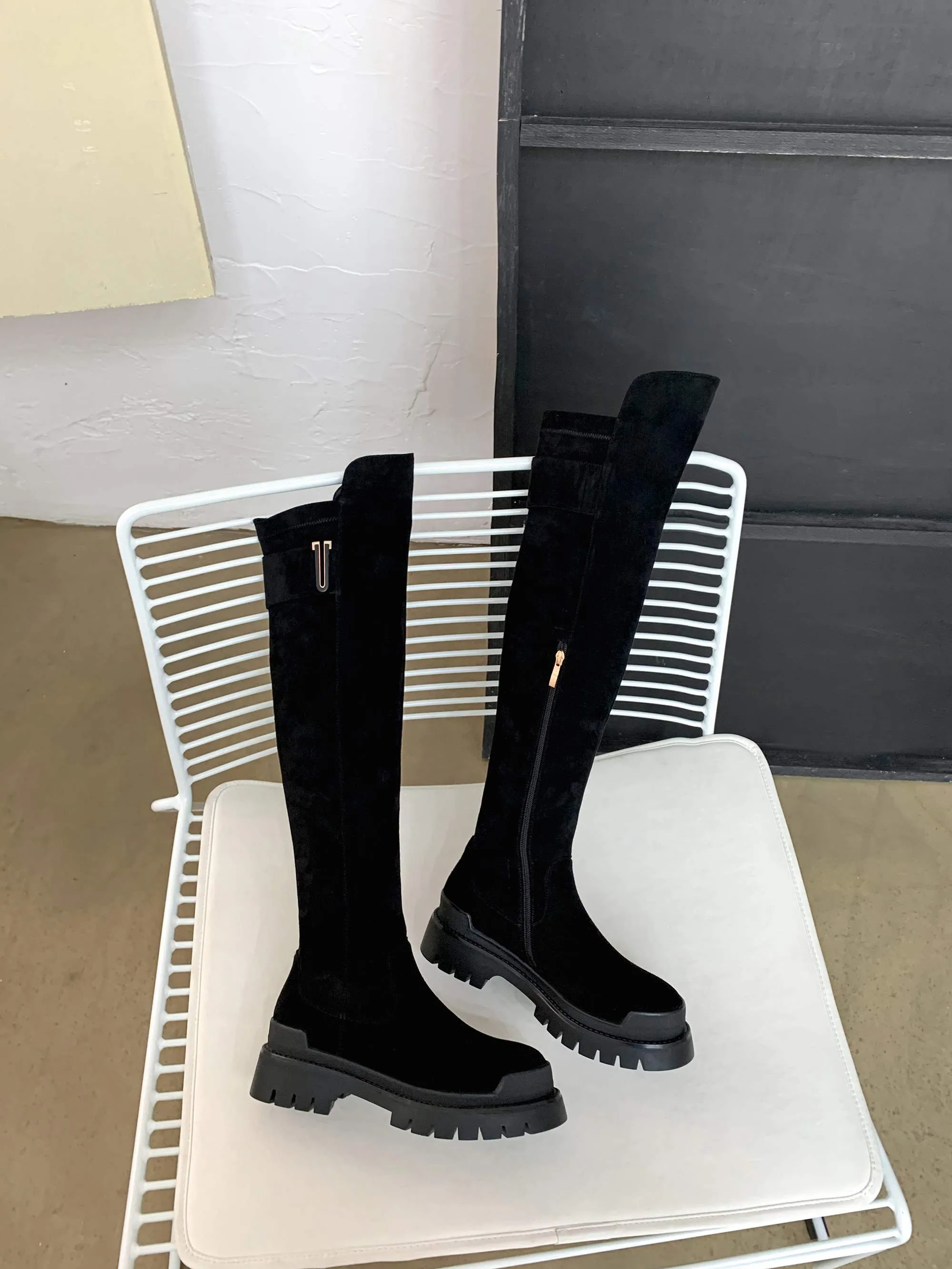 Women high quality cow leather platform thigh high boots