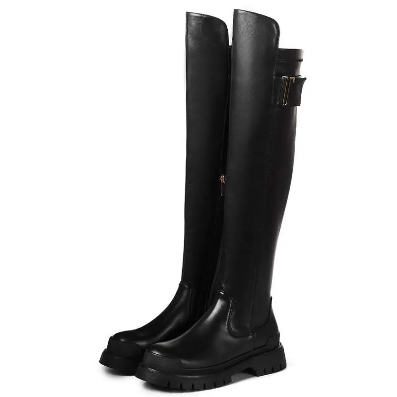 Women high quality cow leather platform thigh high boots