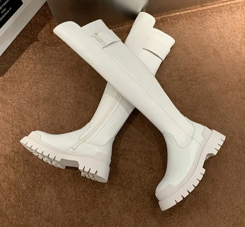 Women high quality cow leather platform thigh high boots