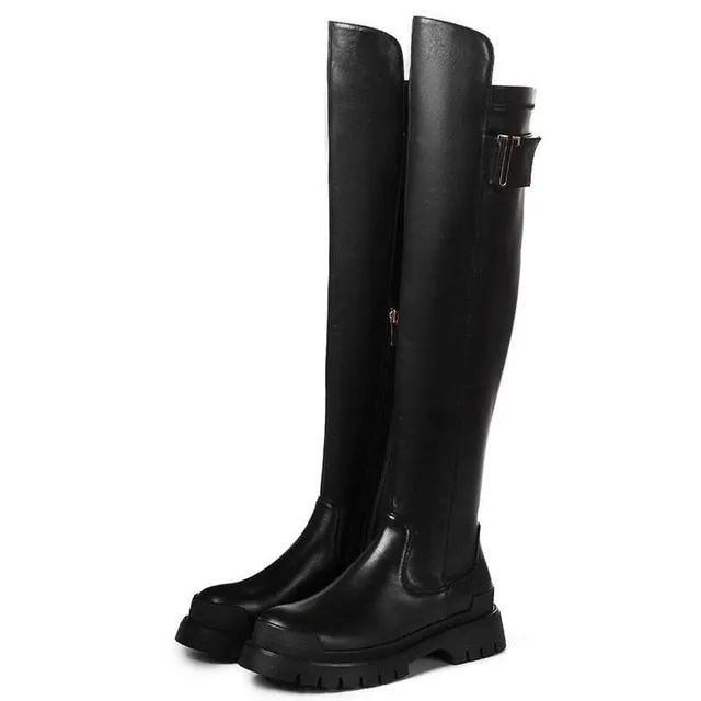 Women high quality cow leather platform thigh high boots