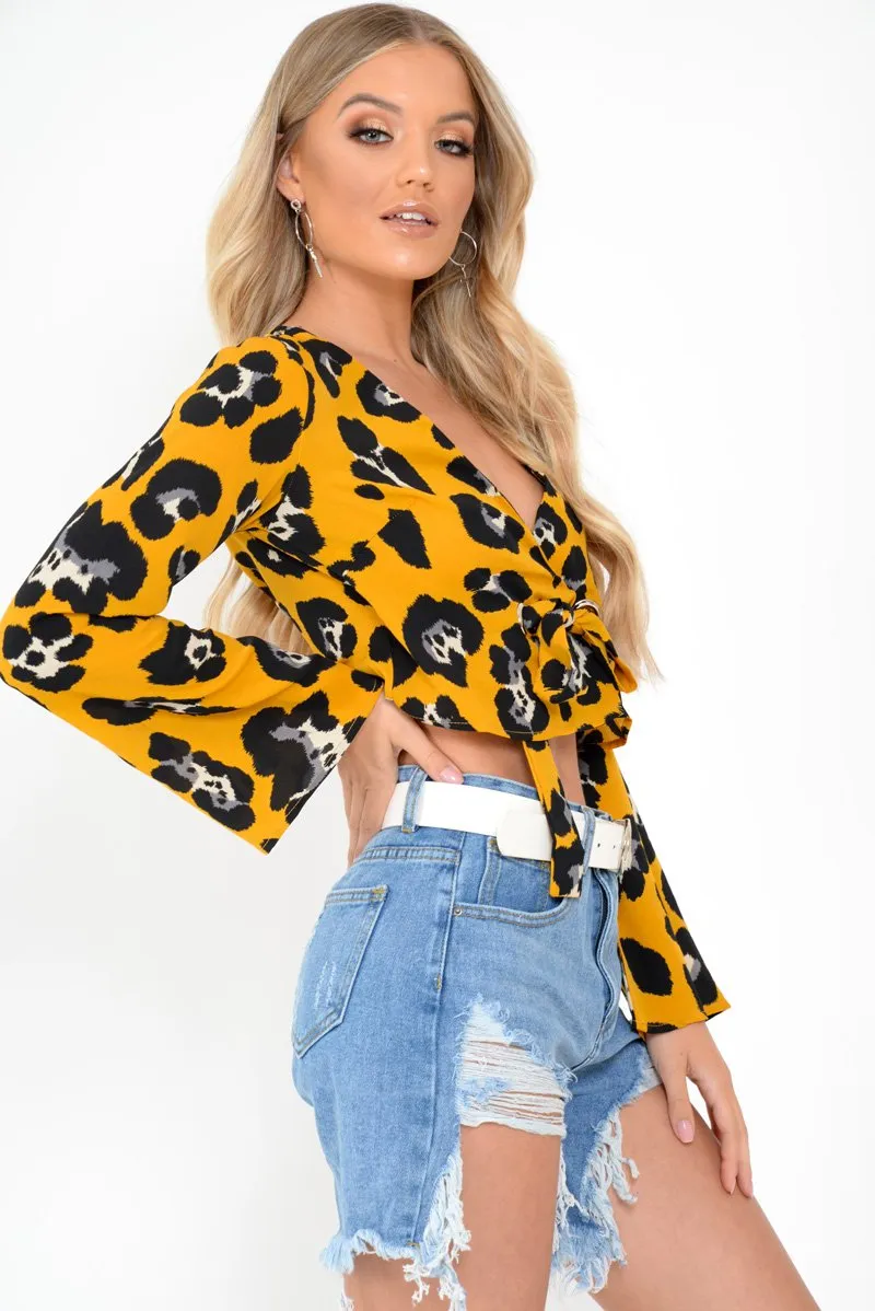 Yellow Leopard Flare Sleeve Tie Crop Blouse - Coralie