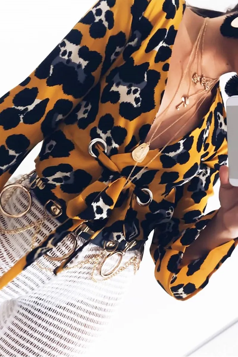 Yellow Leopard Flare Sleeve Tie Crop Blouse - Coralie
